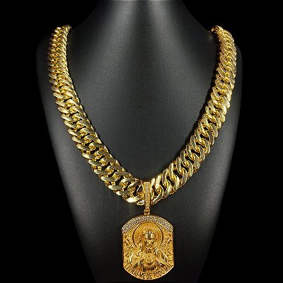 CORDÃO LACRAIA 20MM FECHO DUPLO 750 BANHADO  A OURO 18K + PINGENTE PLACA JESUS