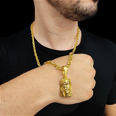 Cordão Cadeado 6mm Fecho Gaveta + Pingente Rosto de Jesus Banhado a Ouro 18K