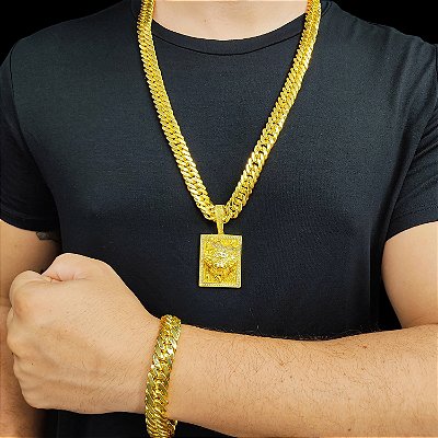 Cordão e Pulseira Lacraia 13mm Banhado a Ouro 18K + Pingente Leão Cravejado