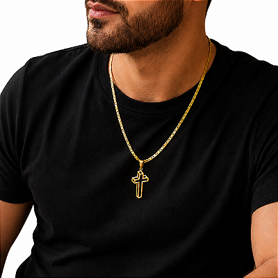 Cordão Italiano Piastrine 3mm Banhada a Ouro 18K + Cruz 3D