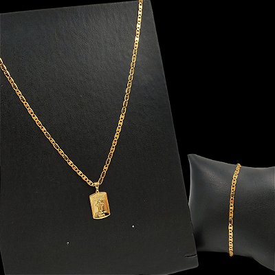 Cordão e Pulseira Italiana Piastrine 3mm Banhada a Ouro 18K + Medalha Salmo 23