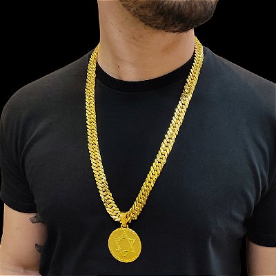 Cordão 13mm Grummet Lacraia Banhado a Ouro 18K + Medalha Estrela de Davi