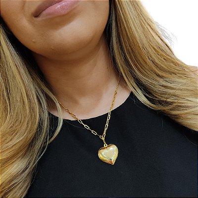 Cordão Feminino Cadeado Alongado 2mm com Pingente Coração Banhado a Ouro 18K