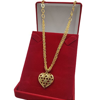 Cordão Feminino Luxo 3mm Banhado a Ouro 18K + Pingente Coração Trabalhado