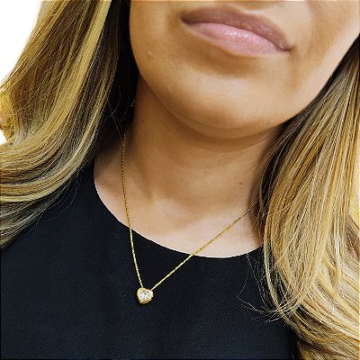 Cordão Feminino Veneziano Banhado a Ouro 18k + Pingente Coração Ponto de Luz