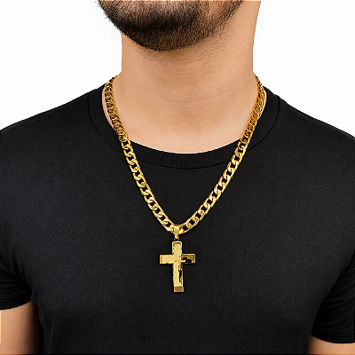 Cordão Masculino 10mm Banhado a Ouro Fecho Marcação 18K + Pingente Oração Alto Relevo