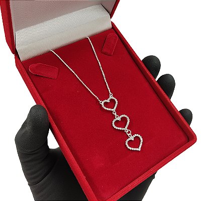 Cordão Veneziano Feminino Banhado a Prata 925 + Trio de Corações Cravejados