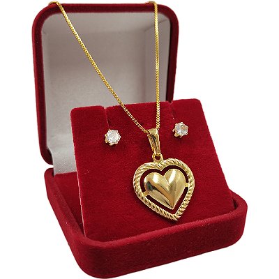Conjunto Feminino | Cordão Veneziano + Pingente Coração + Brincos