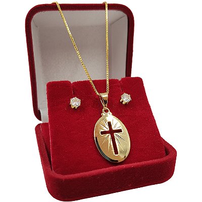 Conjunto Feminino Cordão Veneziano + Pingente Medalha + Par de Brincos