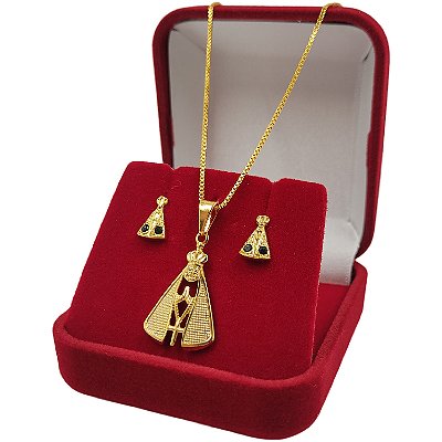 Conjunto Feminino Nossa Senhora + Par de Brincos Cravejados | Cordão Veneziano 45cm