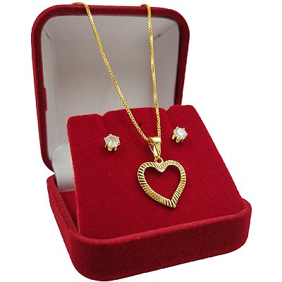 Conjunto Feminino Banhado a Ouro 18K + Pingente Coração Vazado com Brincos