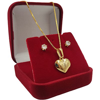 Conjunto Feminino Banhado a Ouro 18K – Cordão Veneziano com Coração e Brincos