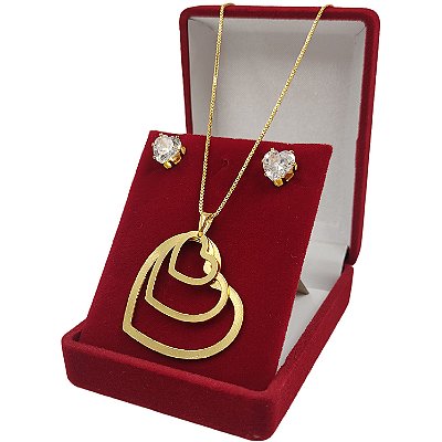 Conjunto Feminino Corações + Brincos Zircônia | Banhado a Ouro 18K 45cm