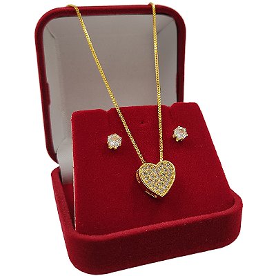 Conjunto Feminino Coração Cravejado + Par de Brincos Ponto Luz | Banhado a Ouro 18K