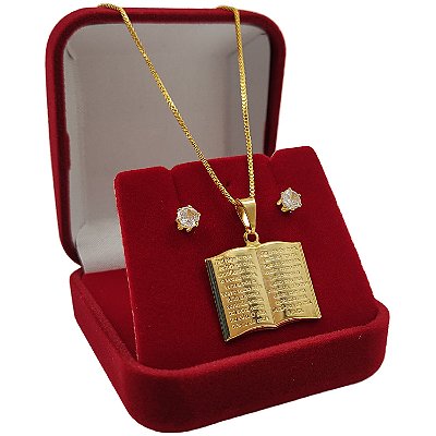 Conjunto Feminino Bíblia Pai Nosso + Brincos | Banhado a Ouro 18K 45cm