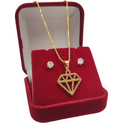 Conjunto Feminino Banhado a Ouro 18K com Pingente Diamante + Brincos