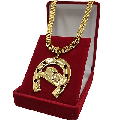 Cordão Esteira 6mm com Pingente Ferradura e Chapéu Banhado a Ouro 18K – 45cm