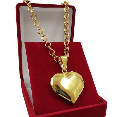 Cordão Feminino Elo Português 6mm com Pingente Coração Banhado a Ouro 18K – 45cm
