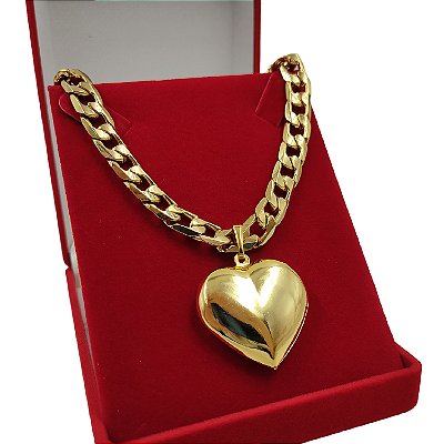 Colar Feminino 10mm Grumet Fecho 18K Banhado a Ouro + Pingente Coração Grande