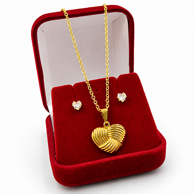 Conjunto Feminino Coração Banhado a Ouro 18K com Brincos de Zircônia
