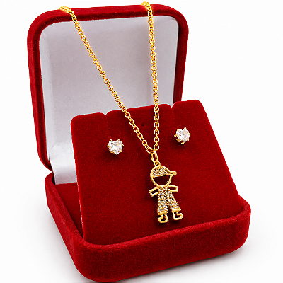 Conjunto Feminino Pingente Filho ou Filha Cravejado Banhado a Ouro 18K com Brincos