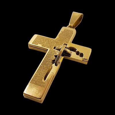 Pingente Crucifixo com Pai Nosso em Alto Relevo Banhado a ouro 18K