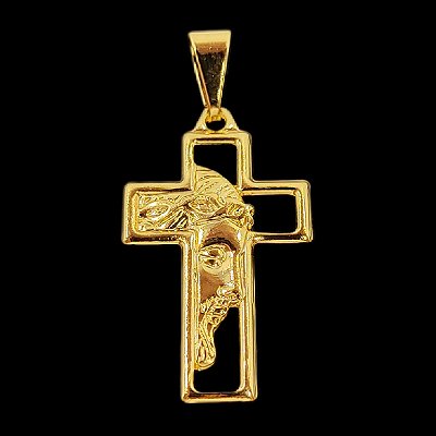 Pingente Crucifixo com a Face de Jesus banhado a ouro 18K