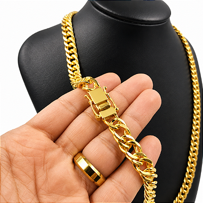 Cordão Masculino Lacraia 10mm Fecho Duplo Banhado a Ouro 18K