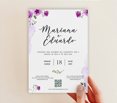 Convite de Casamento 05 - Floral e Aquarela em Tons Roxo e Lilás