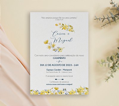 Convite de Casamento 07 - Floral Amarelo com Detalhes Azul