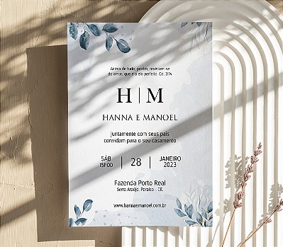 Convite de Casamento 11 - Floral e Aquarela em Azul