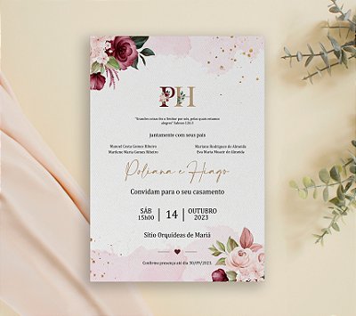 Convite de Casamento 16 - Floral e Aquarela em Marsala e Rosa