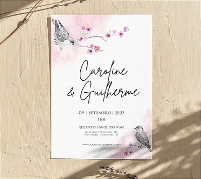 Convite de Casamento 21 - Galho com Flores Rosas e Pássaros