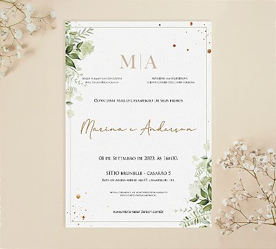 Convite de Casamento 22 - Folhagens e Aquarela Verde