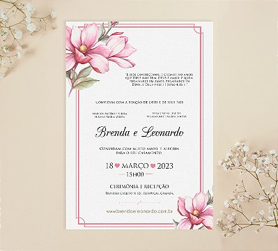Convite de Casamento 24 - Flores Rosa e Bordas