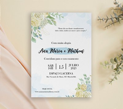 Convite de Casamento 27 - Folhagens com Flores Brancas -Aquarela Azul
