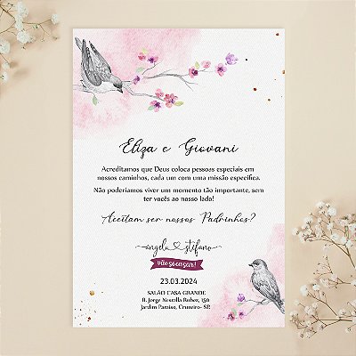 Convite para Padrinhos 03 - Floral de Cerejeira com Pássaros