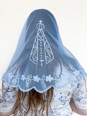 Véu Bordado Aparecida 4 Azul Bebê