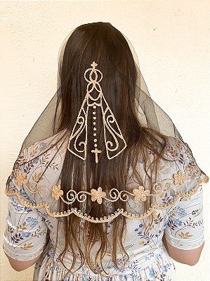 Véu Bordado Aparecida 4 Preto com Dourado