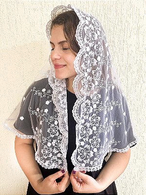 Véu Mar Tule Bordado Branco