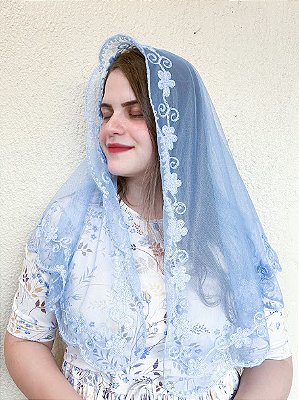Véu Bordado Flores Azul Bebê