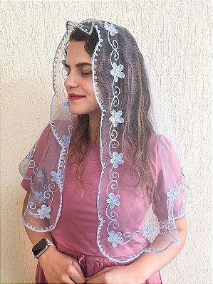 Véu Bordado Flores Azul Bebê