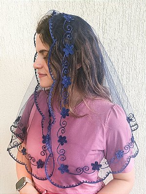 Véu Bordado Flores Azu Marinho