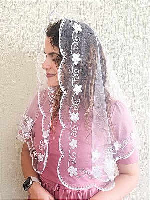 Véu Bordado Flores Branco