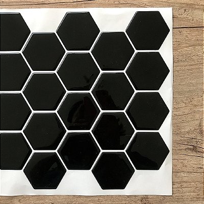 Pastilha Adesiva Resinada Large Hex Black - Rejunte Branco - 1 Placa