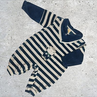 Macacão Plush Bebê Masculino Listras Verde Ursinho