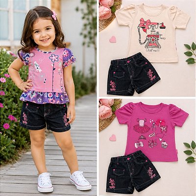 Kit Presente Menina 3 Anos - Short Jeans + 3 Blusas