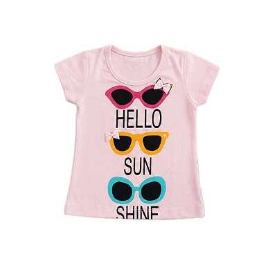 Blusa Infantil Feminina Manga Curta Rosa com Silk e Lacinhos