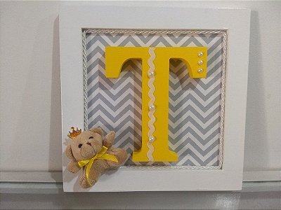 Quadro Porta Maternidade - Personalizado - Chevron Cinza e Letra Amarela