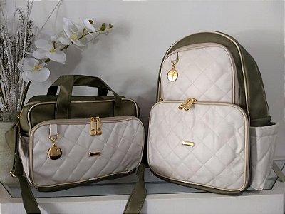 Kit Bolsa Maternidade e Mochila Térmica - Verde com Off White - Villa BB - PRONTA ENTREGA